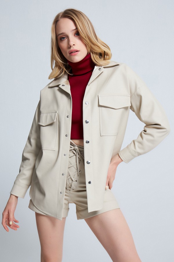 VİSON FRESH FRONT DETAILED LEATHER SHIRT MINK - 1