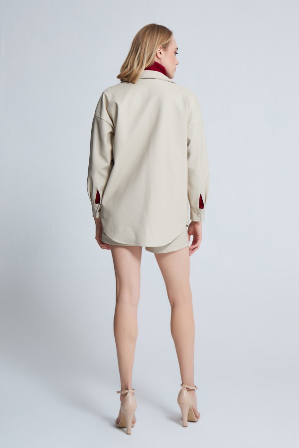 VİSON FRESH FRONT DETAILED LEATHER SHIRT MINK - 3