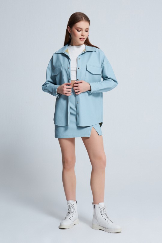 FRESH FRONT DETAILED LEATHER SHIRT BABY BLUE - Thumbnail