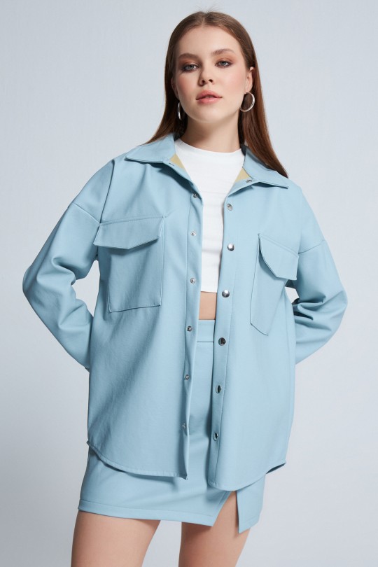 FRESH FRONT DETAILED LEATHER SHIRT BABY BLUE 