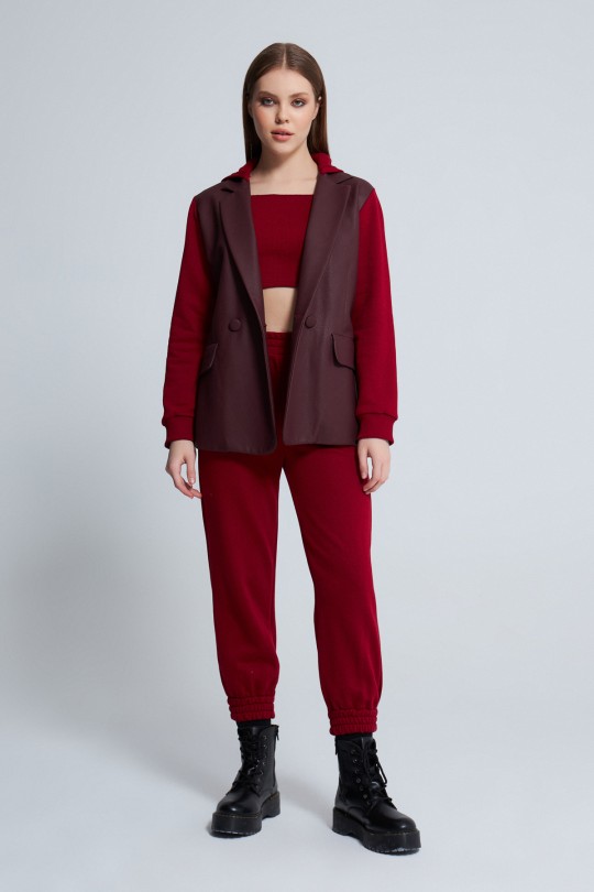 FRONT LEATHER SLEEVES THREE THREAD CAP JACKET MAROON 