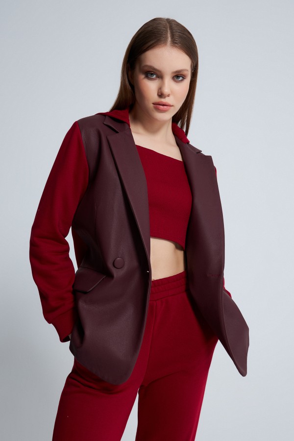 FRONT LEATHER SLEEVES THREE THREAD CAP JACKET MAROON - 2