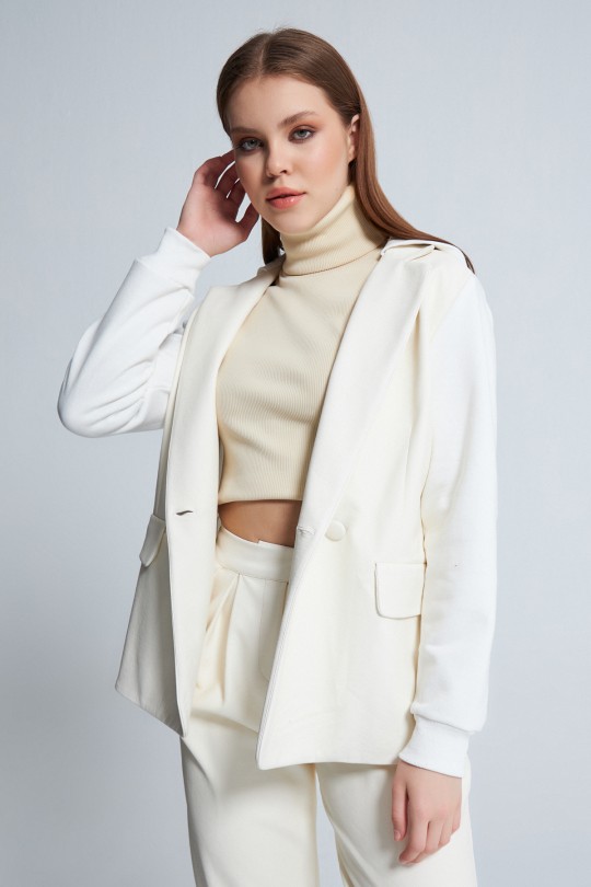 FRONT LEATHER SLEEVES THREE THREAD CAP JACKET WHITE - 2