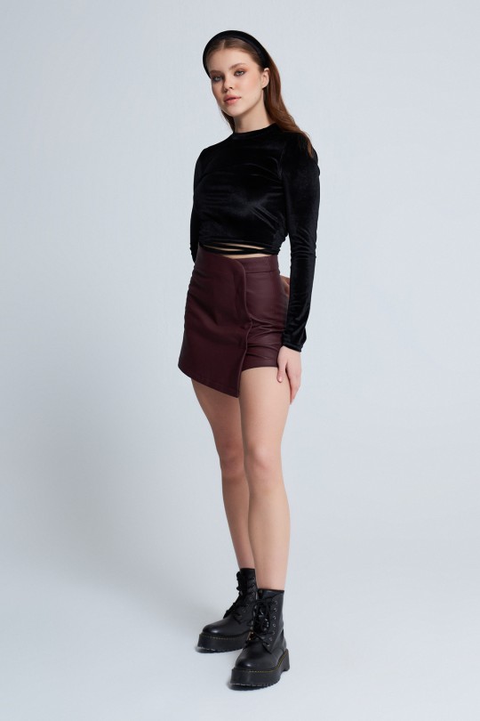 FRONT STRETCH DETAILED SHORTS SKIRT MAROON - Thumbnail