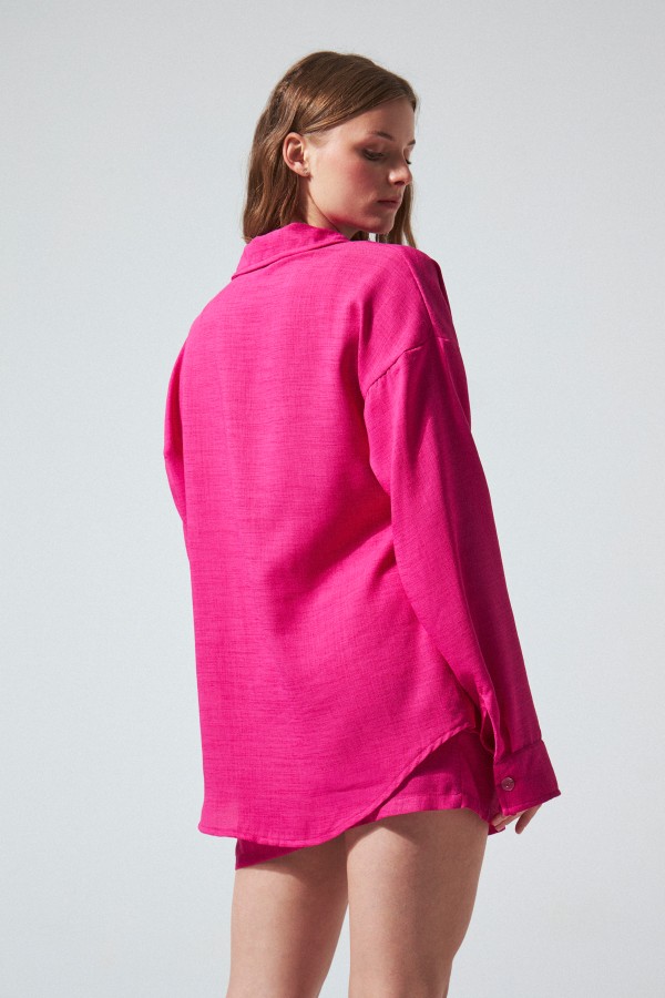 FUCHSIA BUTTON-UP LINEN SHIRT - 3