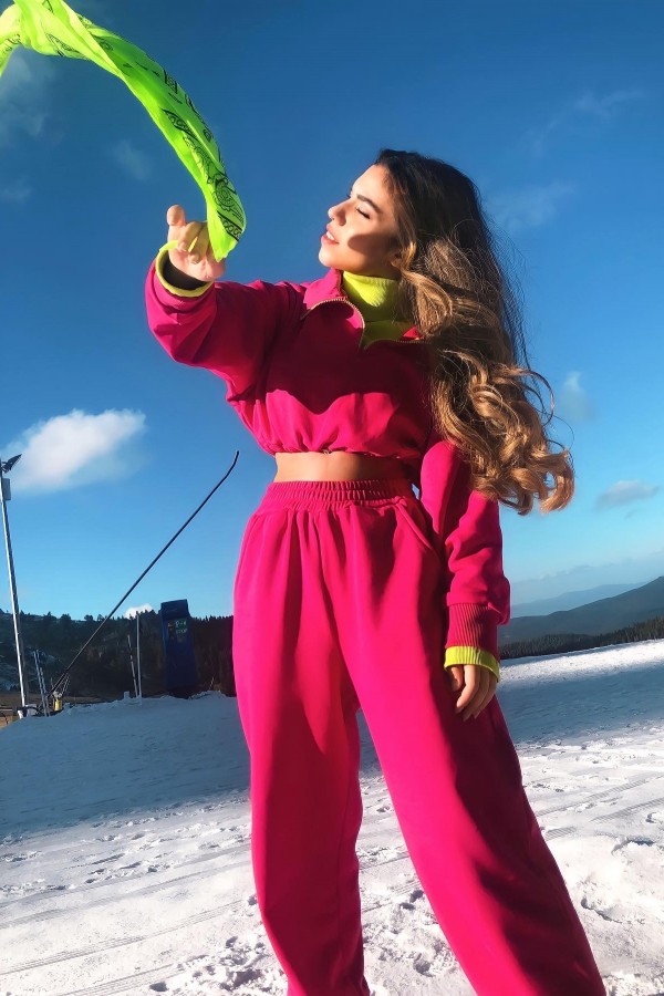 Fuchsiafarbenes kurzes Sweatshirt mit elastischem Bund und Reißverschluss vorne - 1