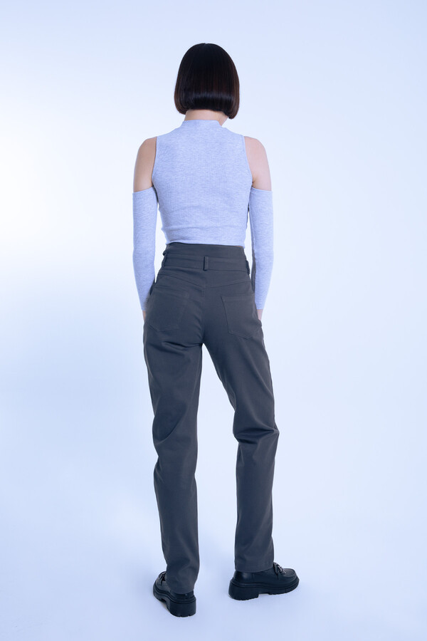 Gray Double Belt Waist Detail Pants - 3