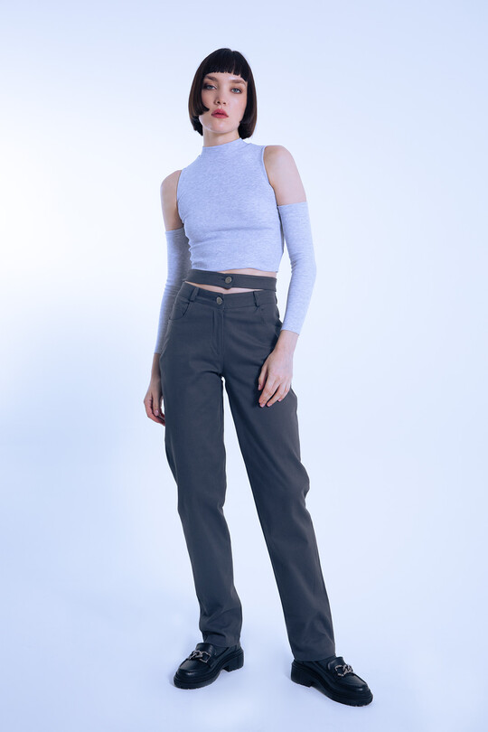 Gray Double Belt Waist Detail Pants 