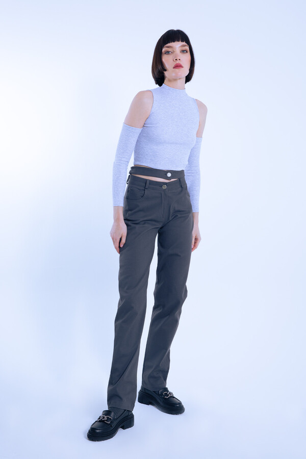 Gray Double Belt Waist Detail Pants - 2