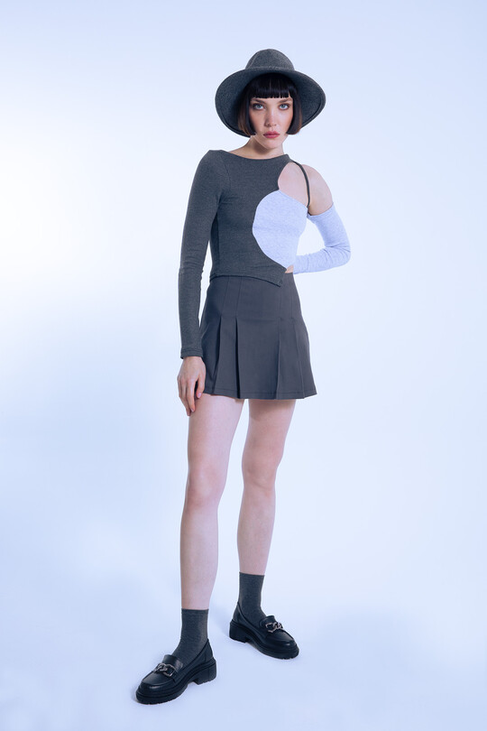 Gray high-waist pleated skort - 1