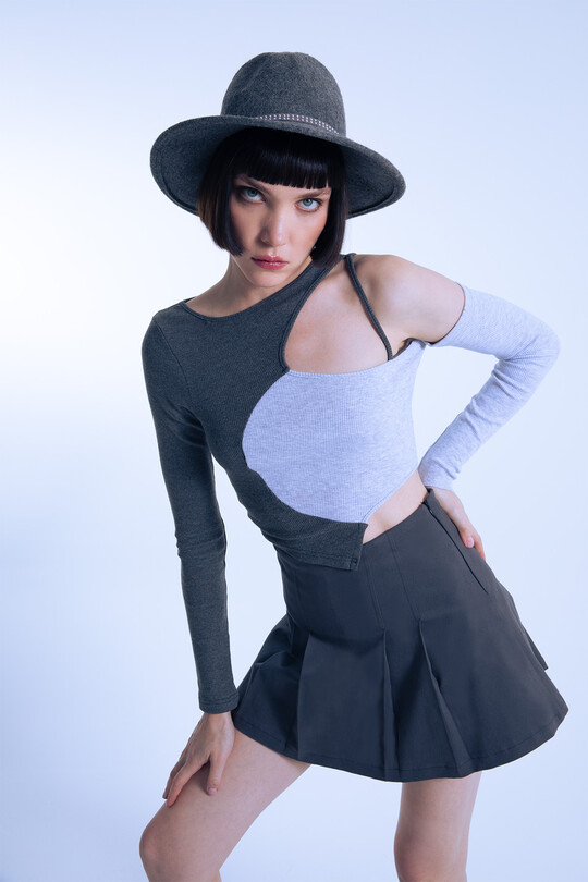 Gray/anthracite two-tone asymmetrical corset crop top 
