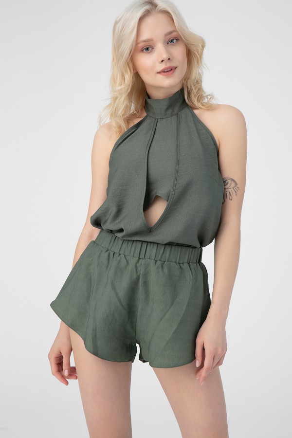 Grüne Leinen-Shorts mit elastischem Bund - 1