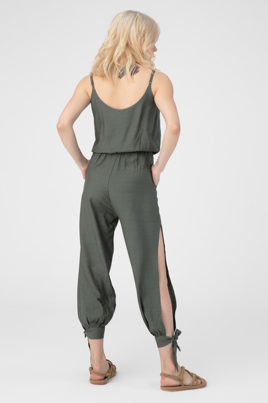 Grüner Leinen-Jumpsuit mit Wickelkragen und am Knöchel gebunden - 3
