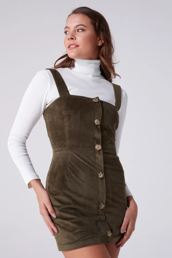 Grünes, knöpfbares Mini-Kleid mit Trägern - 1