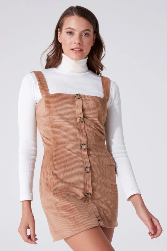 Hellbeige, knöpfbares Mini-Kleid mit Trägern - BERFUĞ KIRAN (1)