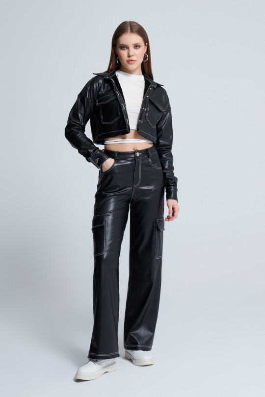 HIGH WAIST LEATHER PANTS WITH WHITE STITCHING - 1