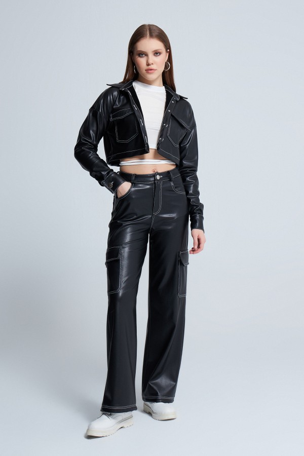HIGH WAIST LEATHER PANTS WITH WHITE STITCHING - 1