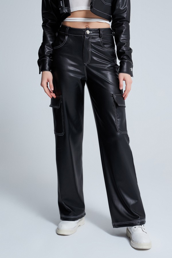 HIGH WAIST LEATHER PANTS WITH WHITE STITCHING - 2