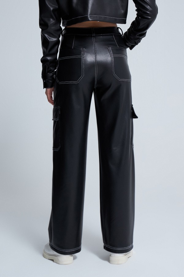 HIGH WAIST LEATHER PANTS WITH WHITE STITCHING - 3