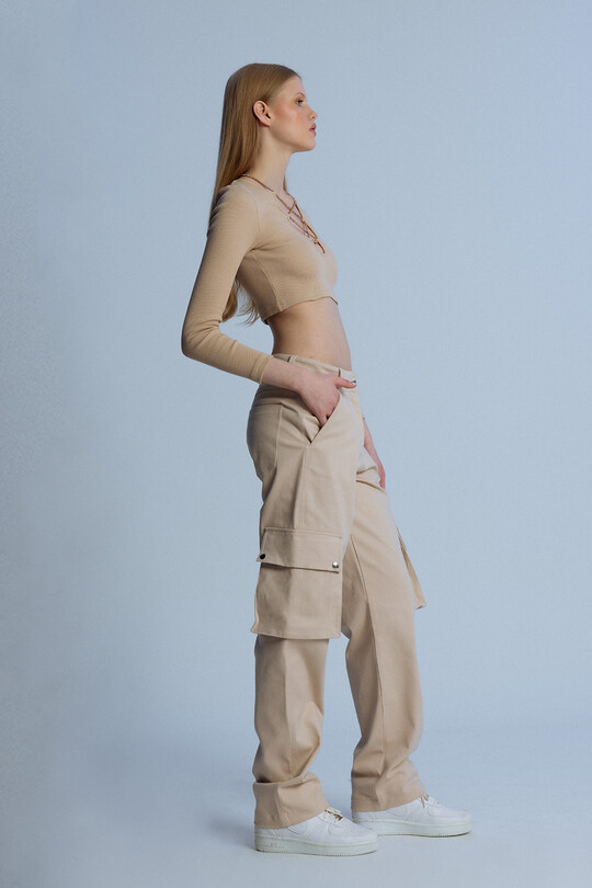 BEIGE ZIPPER DETAILED LOW WAIST OVERSIZED TROUSERS - 2