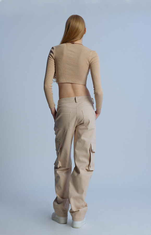 BEIGE ZIPPER DETAILED LOW WAIST OVERSIZED TROUSERS - 5