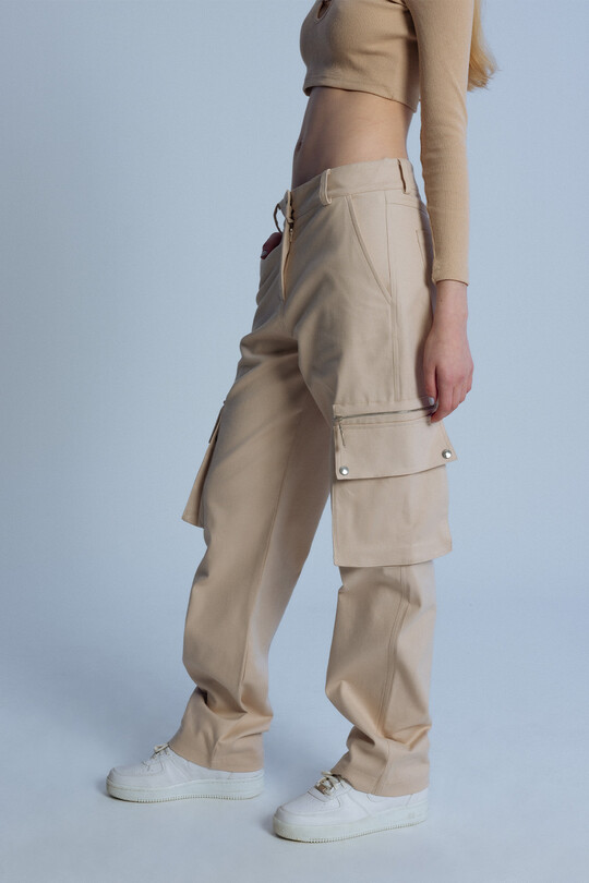 BEIGE ZIPPER DETAILED LOW WAIST OVERSIZED TROUSERS - 4