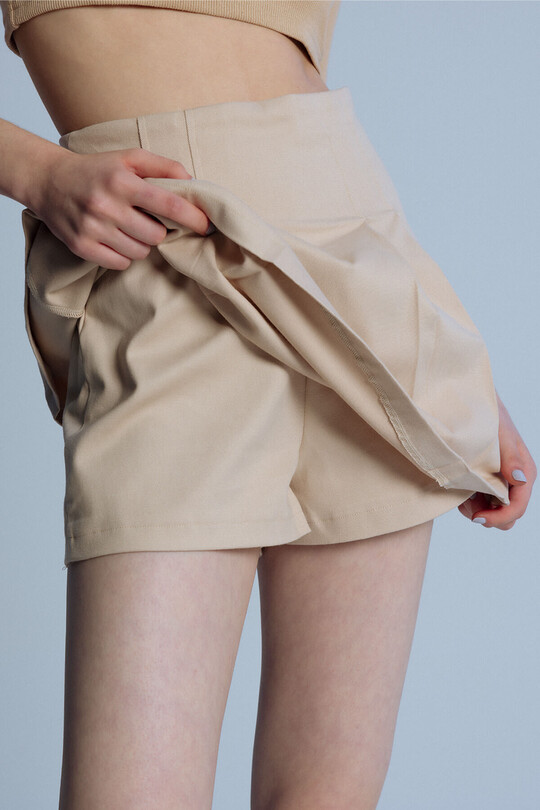 BEIGE HIGH WAIST PLEATED IN SHORTS SKIRT - 5