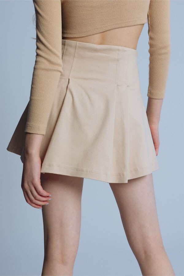 BEIGE HIGH WAIST PLEATED IN SHORTS SKIRT - 4