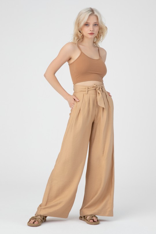 BELTED WAIST LINEN PANTS - 1