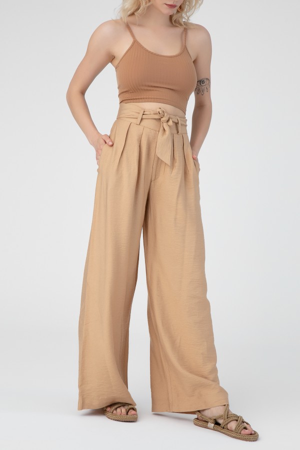 BELTED WAIST LINEN PANTS - 2