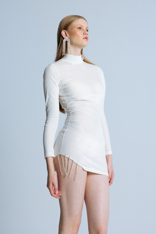 WHITE STONE DECOLLECTED VELVET MINI DRESS - 3