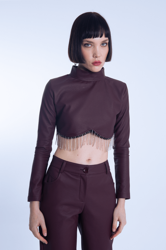 MAROON LANGÄRMLIGE HOT-STONE-BLUSE AUS SAMT 