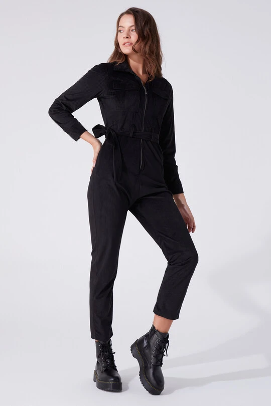  POCKET DETAIL BELTED VELVET JUMPSUIT 