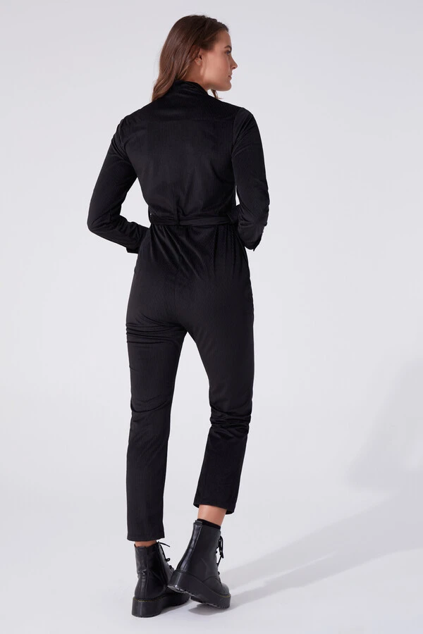  POCKET DETAIL BELTED VELVET JUMPSUIT - 3