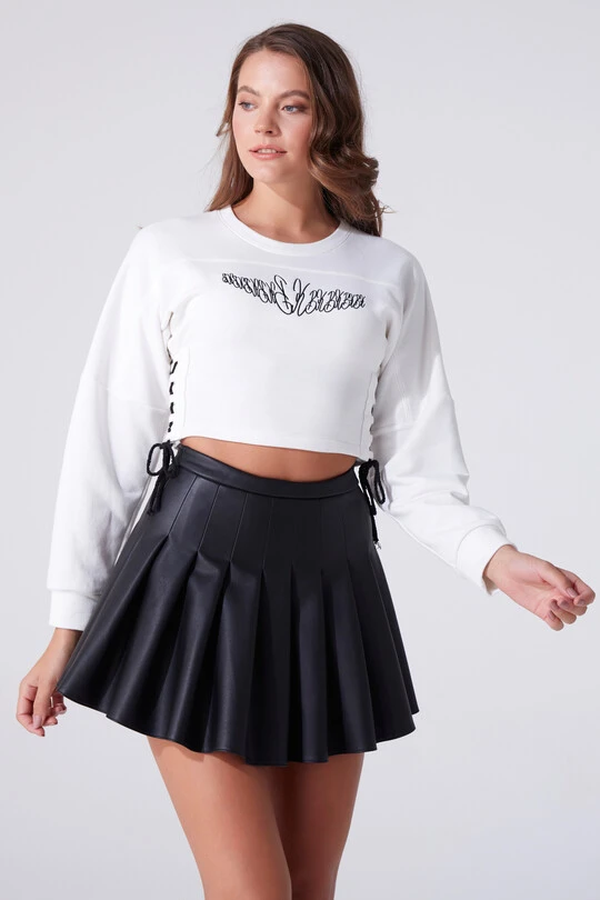 Ecru Sweatshirt mit Rundhalsausschnitt, langen Ärmeln und seitlicher Schleife 