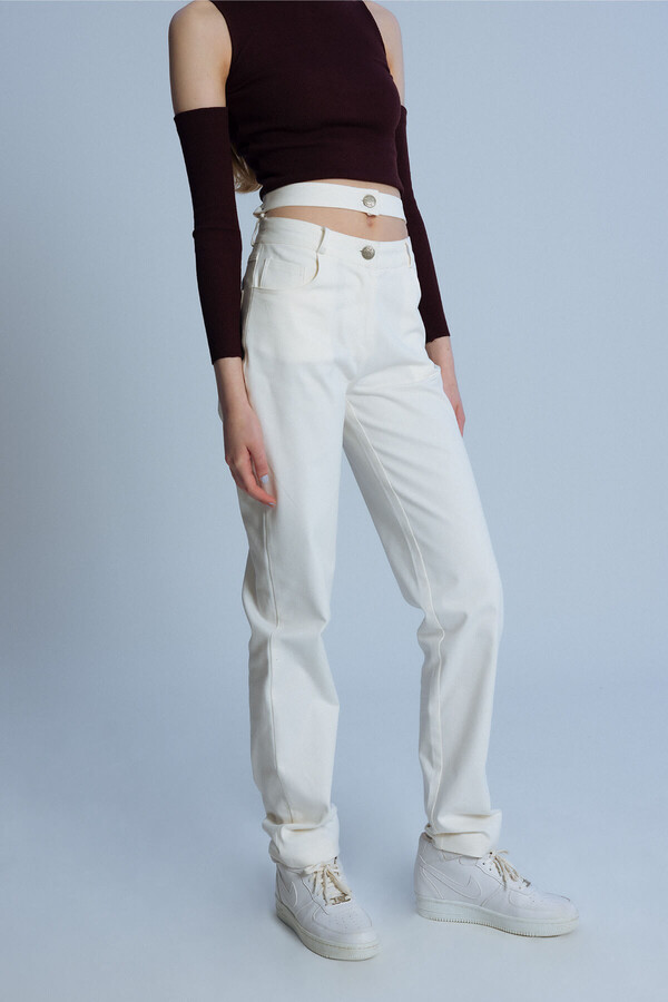 ECRU TWO BELT WAIST DETAILED PANTS - 3