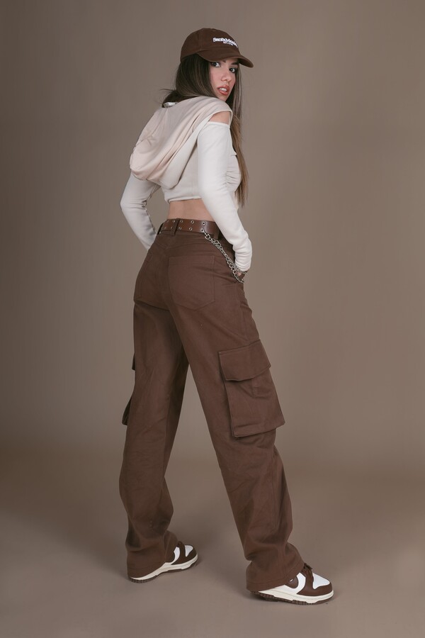BROWN ZIPPER DETAILED LOW WAIST OVERSIZED TROUSERS - 4