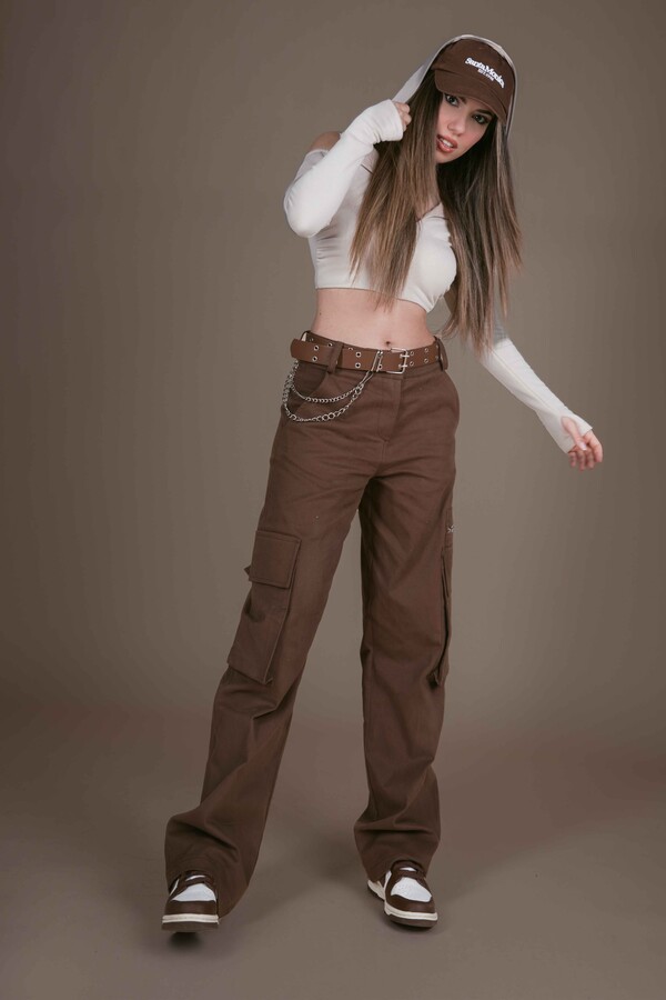 BROWN ZIPPER DETAILED LOW WAIST OVERSIZED TROUSERS - 1
