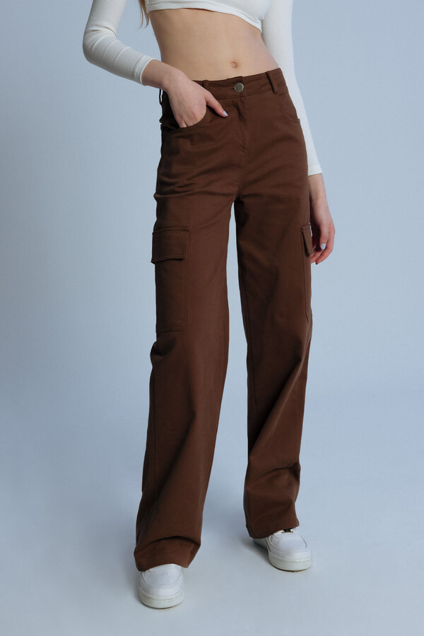 BROWN HIGH WAIST POCKET TROUSERS WITH CARGO POCKETS - 3