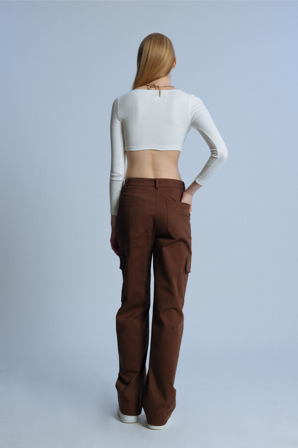 BROWN HIGH WAIST POCKET TROUSERS WITH CARGO POCKETS - 4