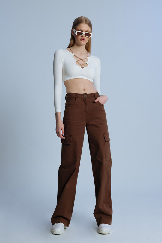 BERFUĞ KIRAN - BROWN HIGH WAIST POCKET TROUSERS WITH CARGO POCKETS (1)