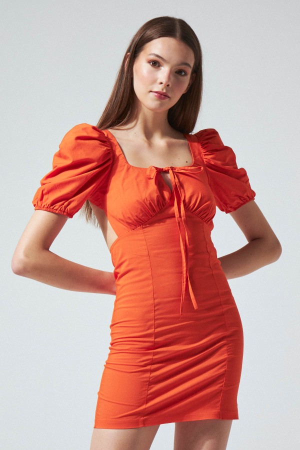 SHORT RUFFLED SLEEVE TIE FRONT MINI DRESS ORANGE - 2