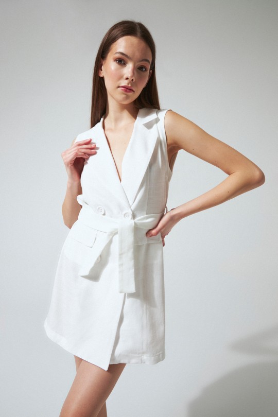 SHORT SLEEVE BELTED LINEN VEST DRESS WHITE - 2