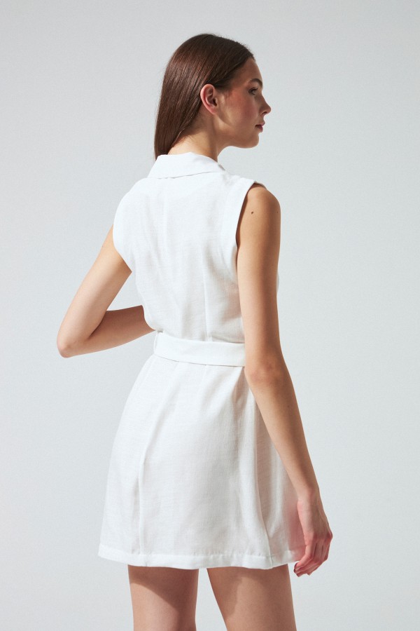 SHORT SLEEVE BELTED LINEN VEST DRESS WHITE - 3