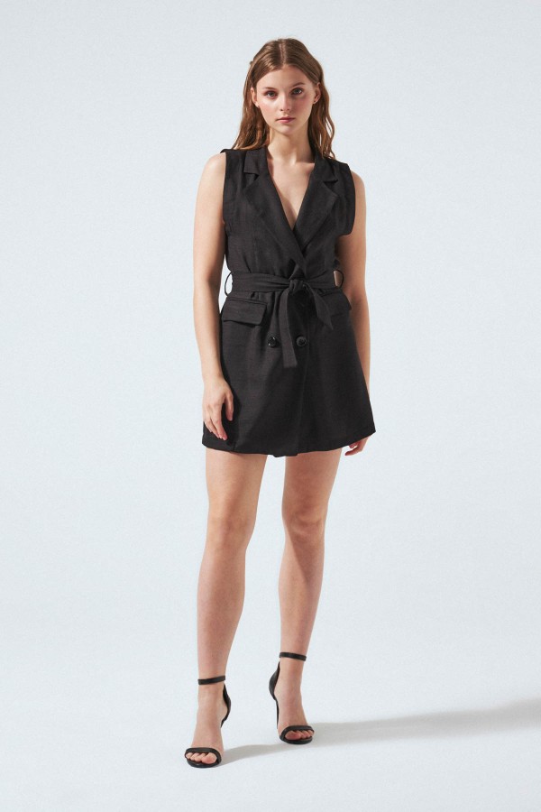 SHORT SLEEVE BELTED LINEN VEST DRESS BLACK - 1