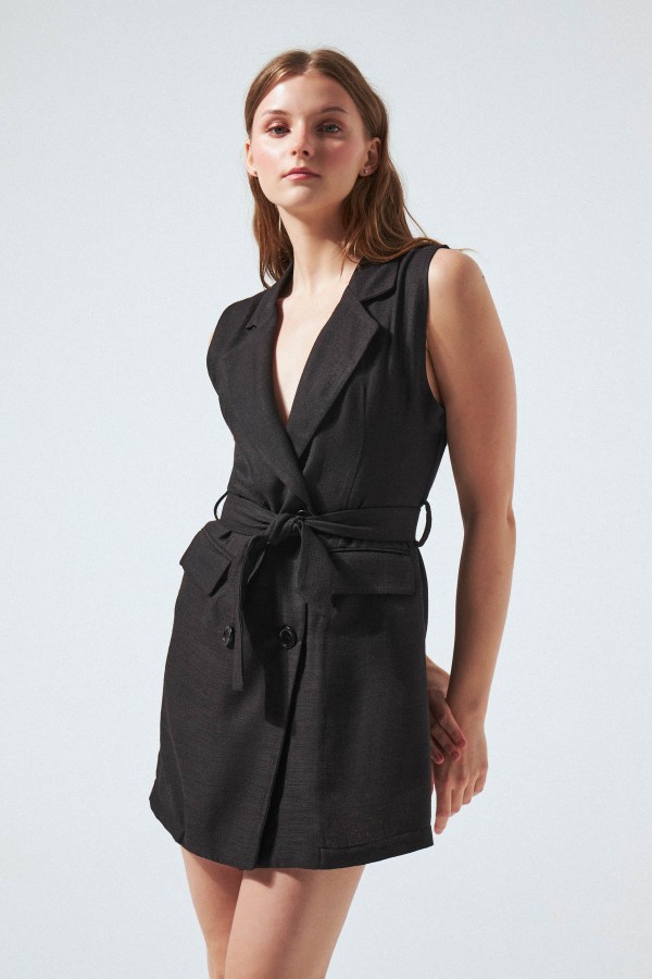 SHORT SLEEVE BELTED LINEN VEST DRESS BLACK - 2