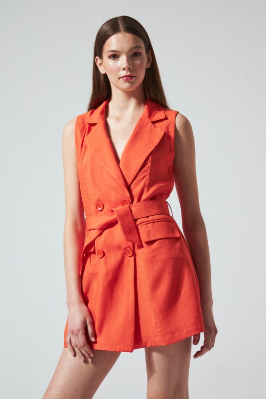 SHORT SLEEVE BELTED LINEN VEST DRESS ORANGE - 2