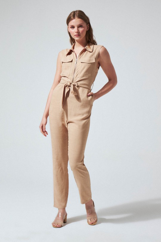 SLEEVE LINEN JUMPSUIT MINK - 1