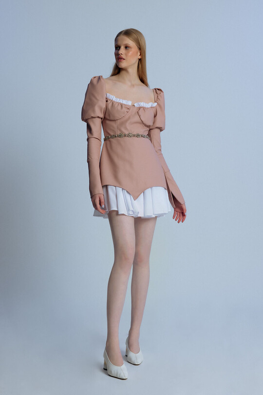 LEATHER SHORT DRESS WITH PINK TIP PLY BALLOON SLEEVES 