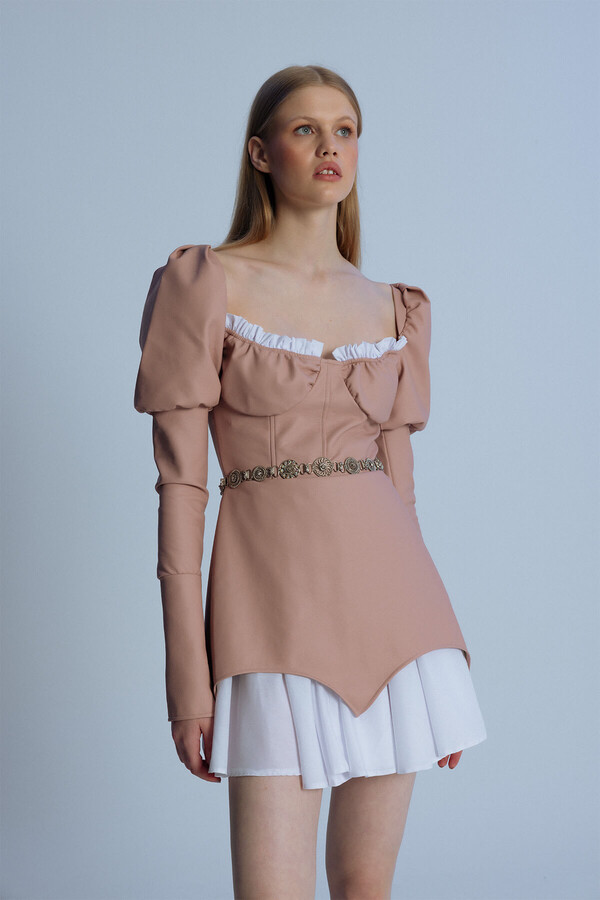 LEATHER SHORT DRESS WITH PINK TIP PLY BALLOON SLEEVES - 2